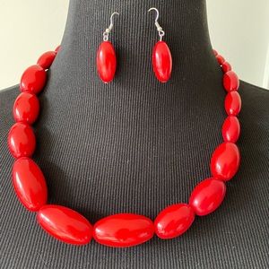 Red wooden bead necklace and earring set